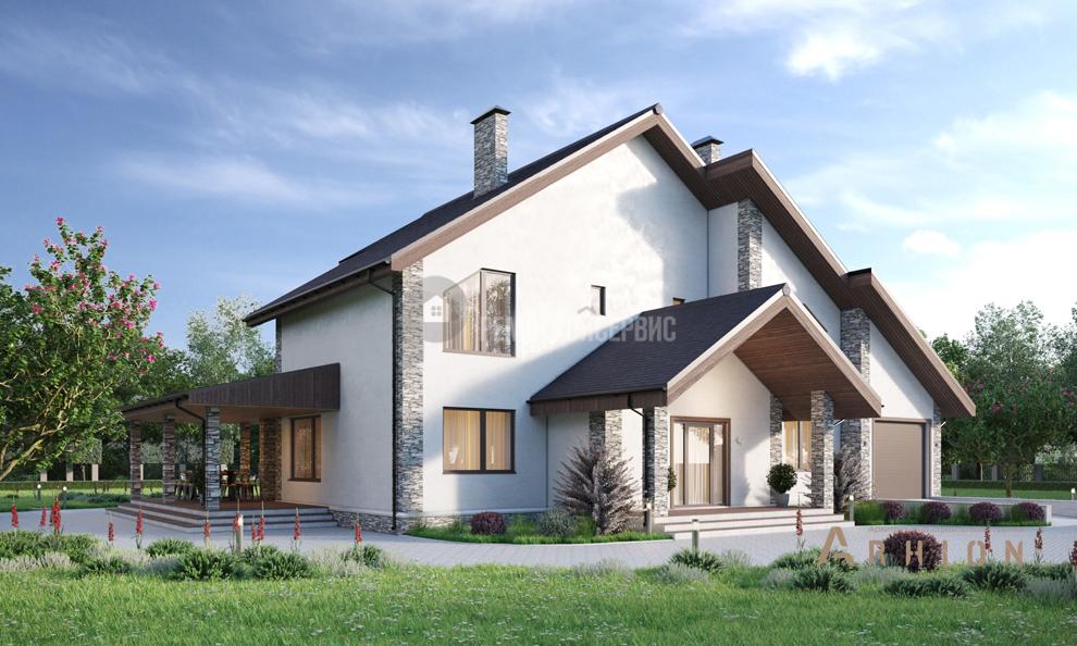 2. Проект одноэтажного дома в стиле шале с двускатной кровлей, t-82-01, площадью - 292 кв c мансардой, терассой, балконом, гаражом